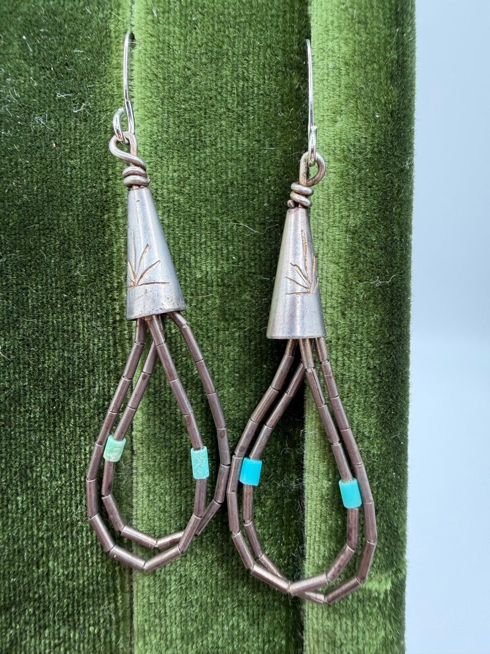 Native American sterling silver liquid silver turquoise looped dangle earrings